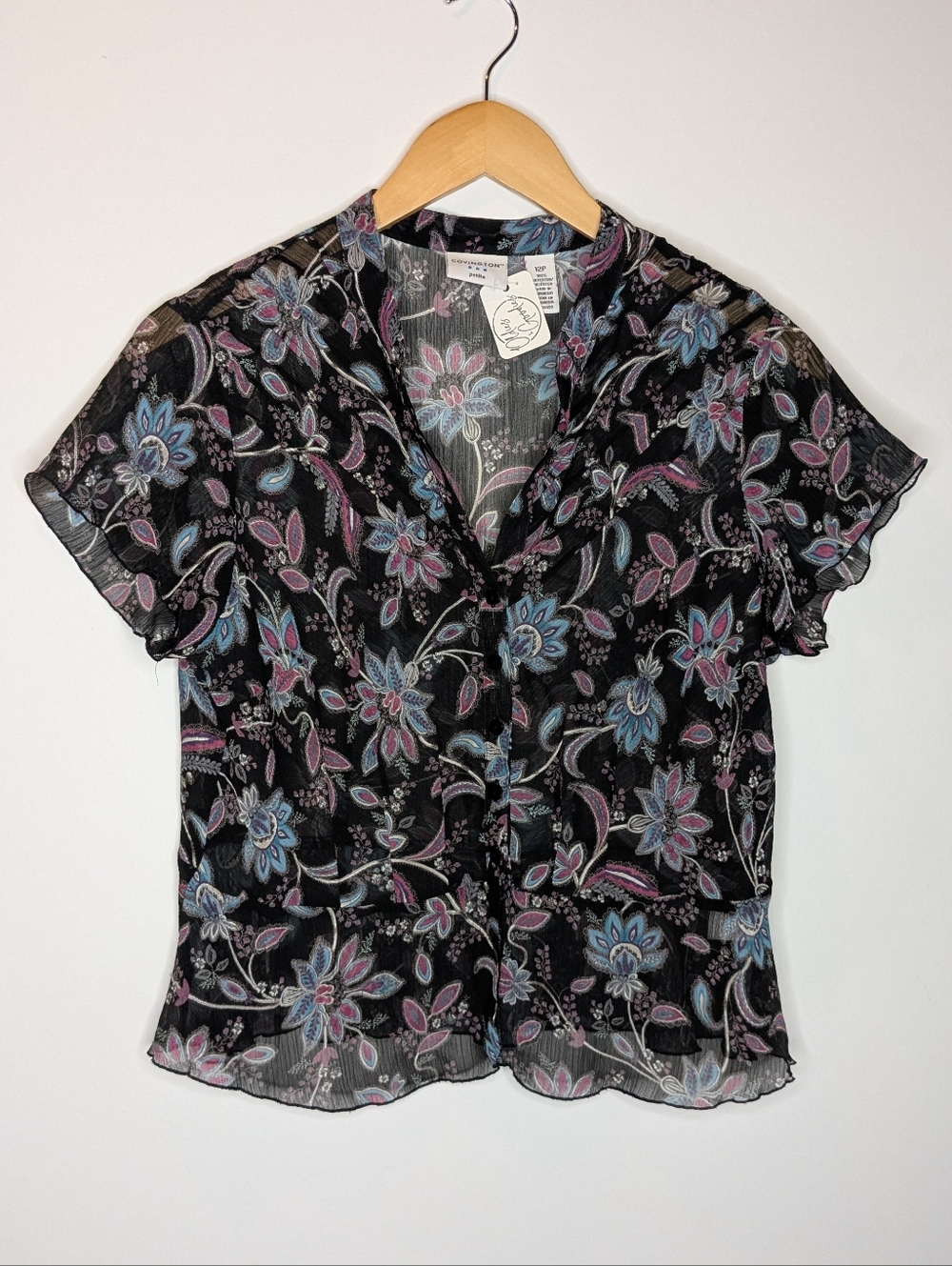 Covington Black Sheer Floral Button-Front Blouse with Pink & Blue Size 12